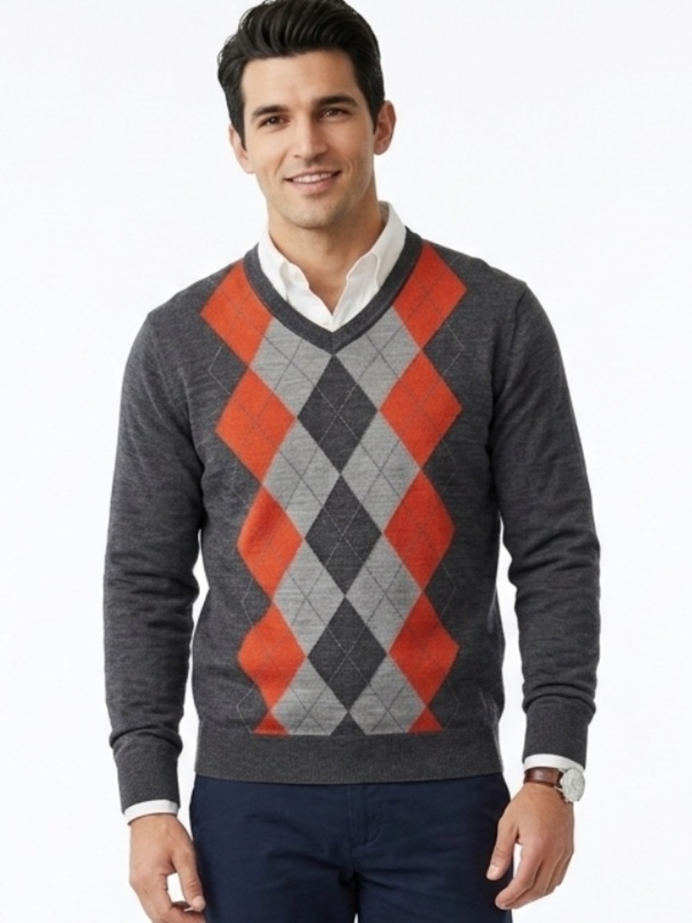 NWOT Apt. 9 Men's Merino Wool Blend Argyle V-Neck Sweater Large